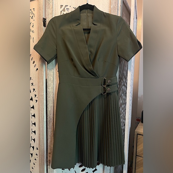 Karen Millen Tailored Military Pleat Notch Neck Wrap Mini Dress in “Khaki” - Picture 3 of 8